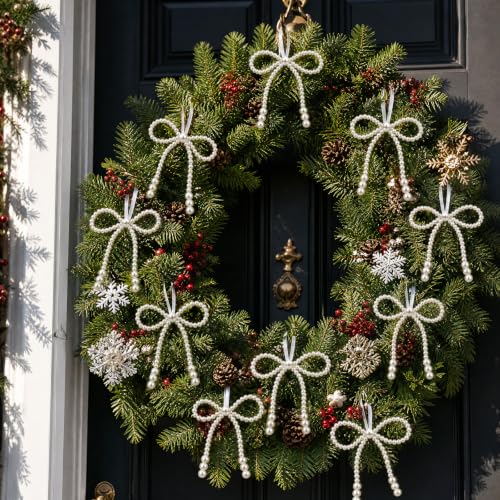8Pcs Christmas Pearl Bow Ornaments for Tree & Holiday Decor