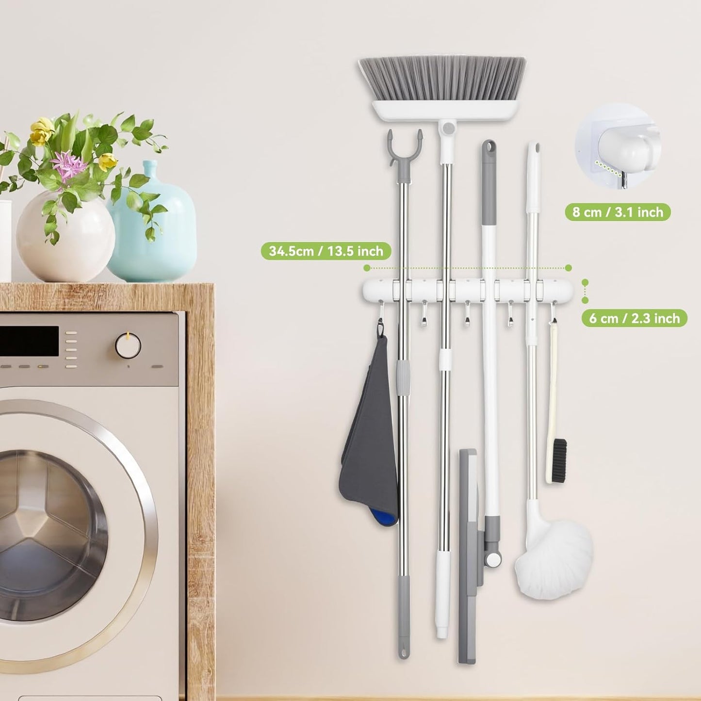 OTraki Broom Holder Wall Mount - No Drill Mop Organizer with 4 Slots & 5 Hooks for Efficient Storage