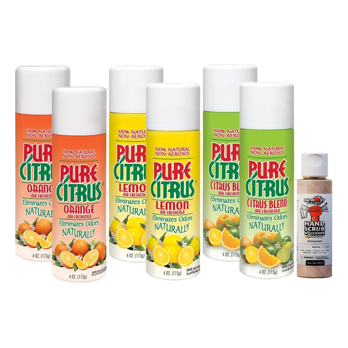 Pure Citrus Non-Aerosol Air Freshener Spray, 4 oz (Orange, Lemon & Citrus Blend), 2 Packs Each Bundled with 1 Pack DU-MOST Walnut Hand Scrub Travel Size, 4 oz