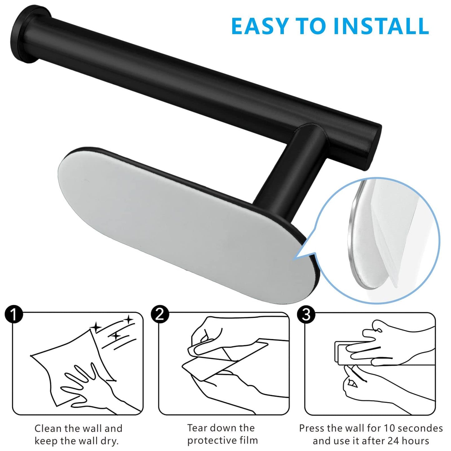 Toilet Paper Holder Self Adhesive, Eolax Toilet Roll Holder no Drilling for Bathroom Washroom, Tissue Roll Holders Wall Mount, Stainless Steel (Black)