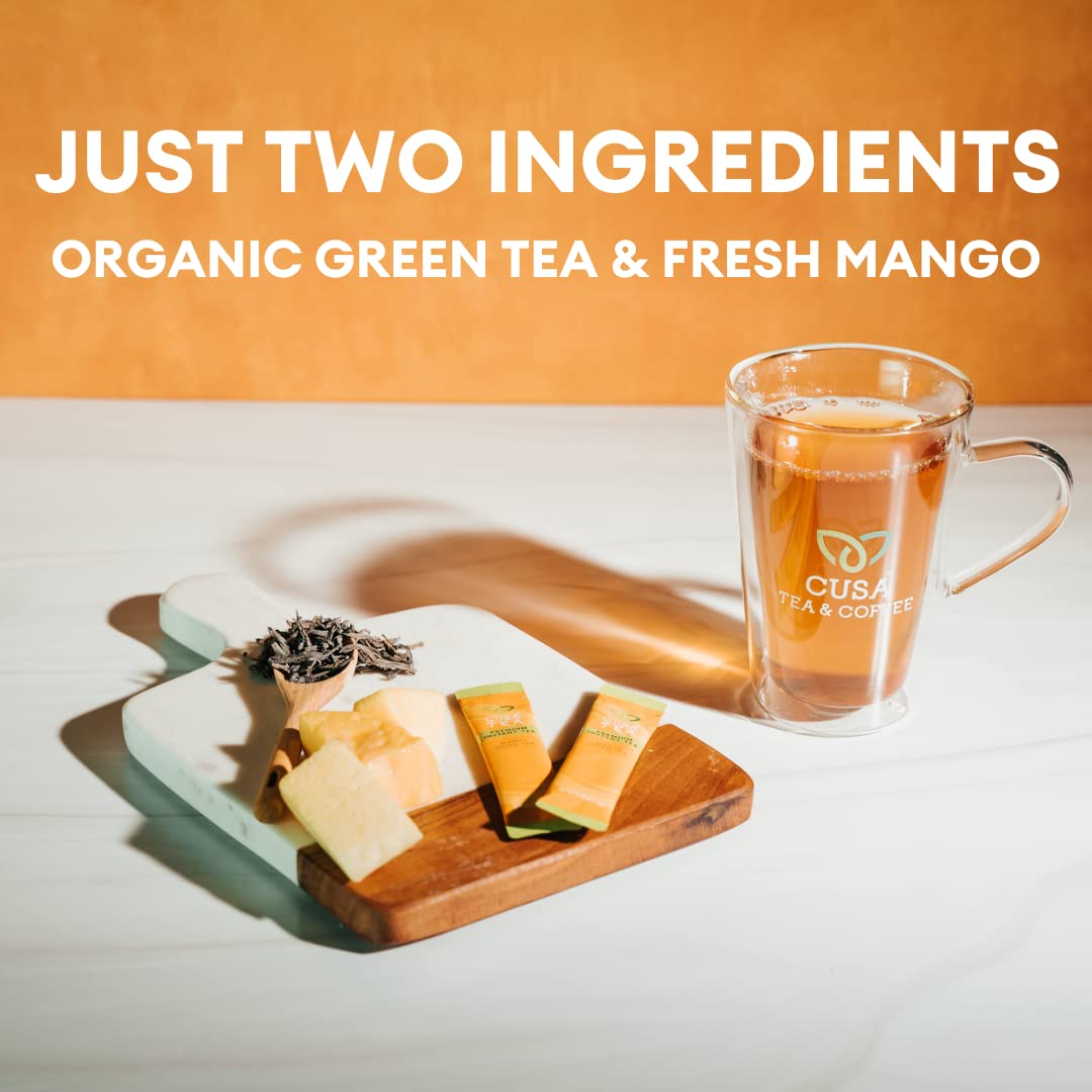 Cusa Tea & Coffee | Premium Instant Mango Green Tea With Real Fruit & Spices | Organic Leaves Drink Mix Packets | Hot or Iced Tea (30 Single Servings)