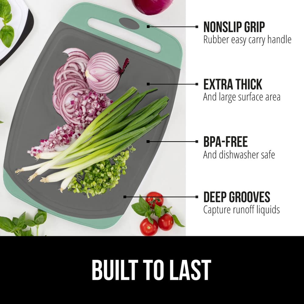 The Original Gorilla Grip Oversized 100% BPA Free Reversible Durable Kitchen Cutting Board Set of 3, Juice Grooves, Dishwasher Safe, Easy Grip Handle Border, Food Chopping Boards, Cooking, Mint Gray