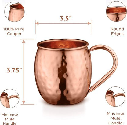 BOLD & DIVINE Moscow Mule Mugs - Set of 4-100% Pure Copper Mugs Large 16 oz - Food Safe - Premium Moscow Mule Cups Set of 4 | BONUS 4 Straws, 1 Shot Glass, 1 Spoon