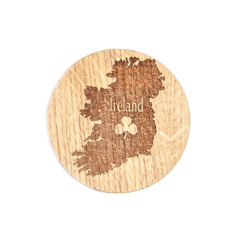 Biddy Murphy Irish Gifts, Oak Drink Coasters Set of 4 with Stand, Etched Designs Include Shamrock, Harp, Celtic Cross, Ireland, Imported, 3.75" Inch Round