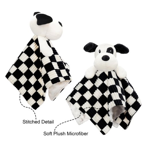 BEILIMU Baby Security Blanket for Boys Girls, High Contrast Super Soft 3D Checkerboard Gingham with Minky Dot Fabric Backing Snuggle Stuffed Animal Blankie Puppy Lovely Black 14 Inch