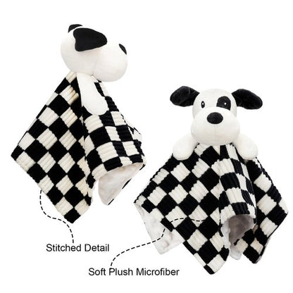 BEILIMU Baby Security Blanket for Boys Girls, High Contrast Super Soft 3D Checkerboard Gingham with Minky Dot Fabric Backing Snuggle Stuffed Animal Blankie Puppy Lovely Black 14 Inch