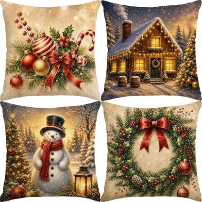 Christmas Pillow Covers Set of 4 18x18 Inch Holiday Winter Decor Neutral Farmhouse Gold