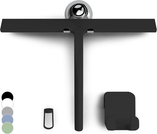 GÜTEWERK Silicone Shower Squeegee - Streak-Free Glass & Mirror Cleaner | 3-in-1 No-Drill Mount, Black, 13 Inches