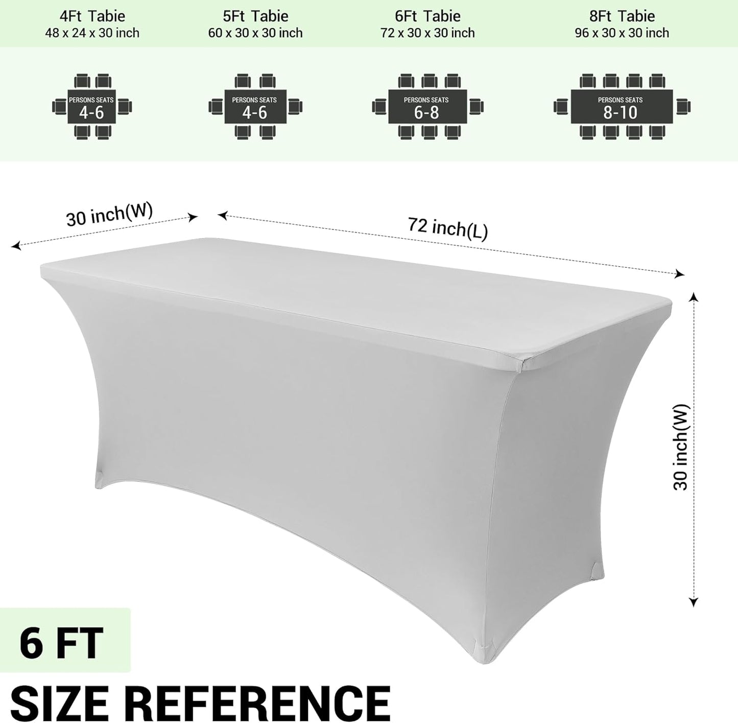Obstal 6 Pack Stretch Spandex Table Covers - 6 FT Rectangular Fitted Tablecloths for Weddings & Parties | Silver