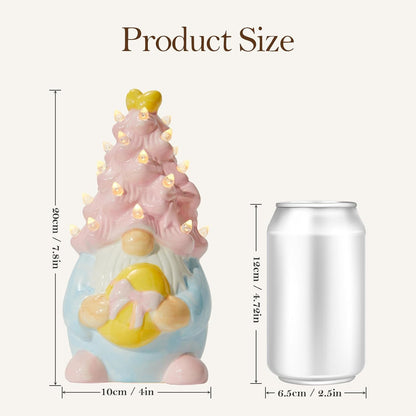WDS Wondrous Lighted Gnome Figurine - Ceramic Battery Operated LED Easter Decor | Pink Hair Holding Egg, Spring Table Centerpiece