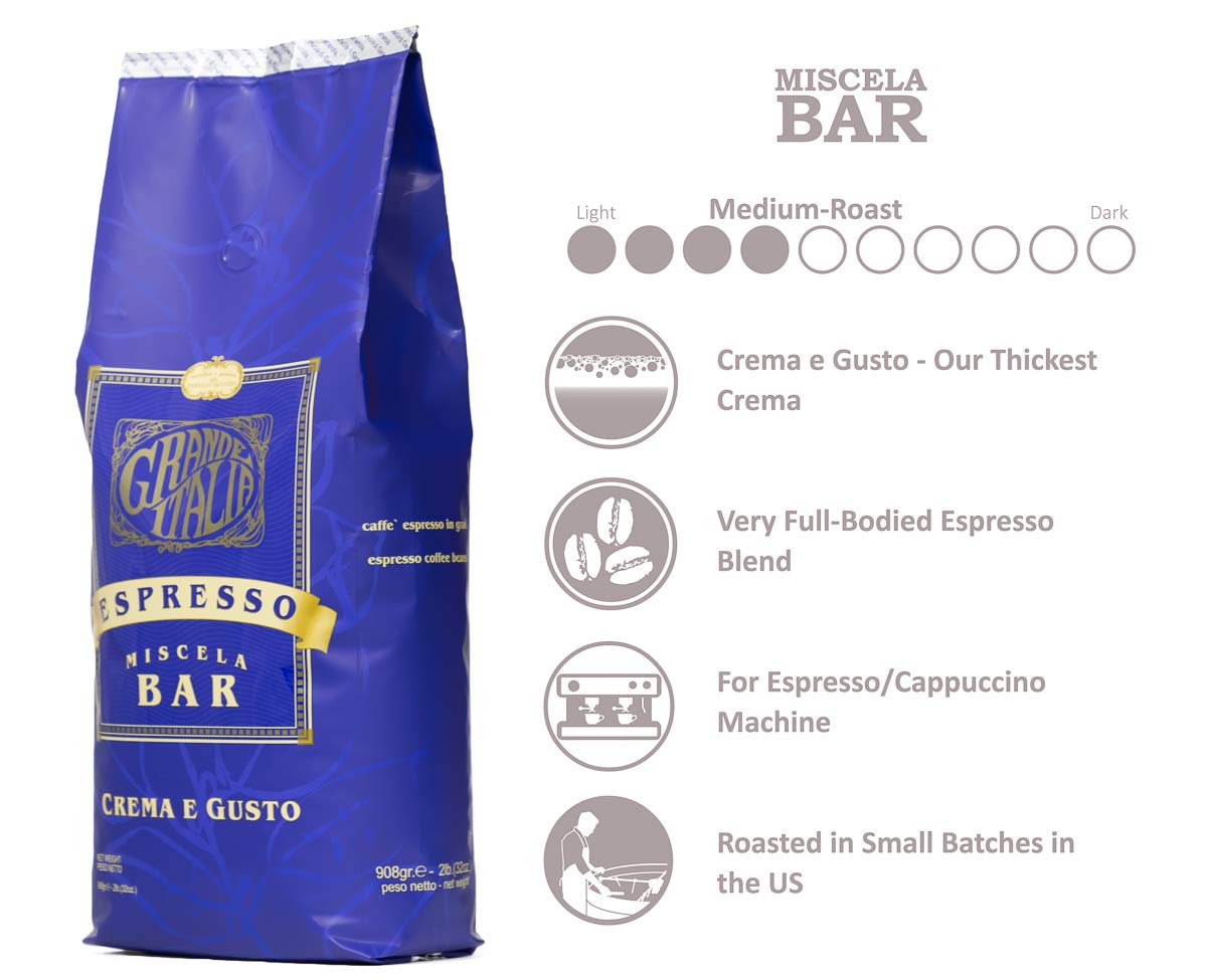 Grande Italia Whole Bean Espresso, Crema e Gusto, Miscela Bar, Small Batch Artisan Roasted 2lbs