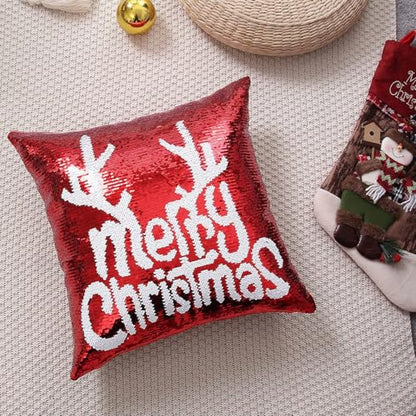 Bling Christmas Sequin Pillow Covers 18x18 Inches Set of 4 - Reversible Holiday Cushion Cases - Red Snowflake Design