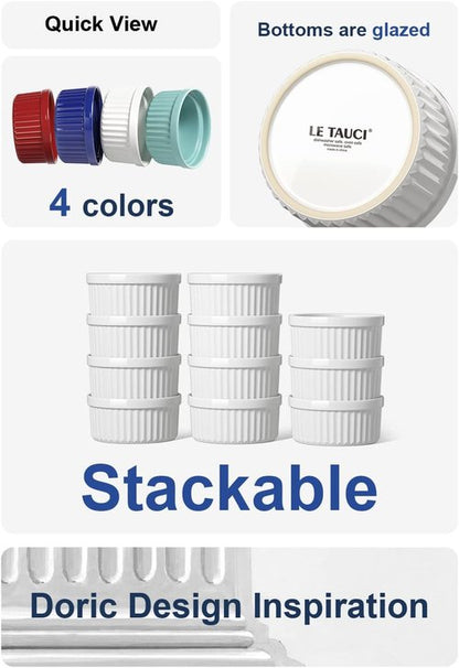 LE TAUCI Ramekins - 8 OZ Oven Safe Ceramic Custard Cups | Set of 6 White Souffle Dishes