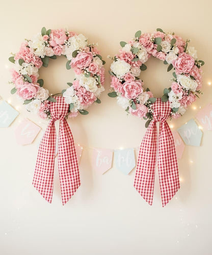 Regine Switzerland Wreath Sash 2-Pack - Red White Checkered Plaid Bow Ribbon Bundle for Holiday Decor (5.12" x 54.33")