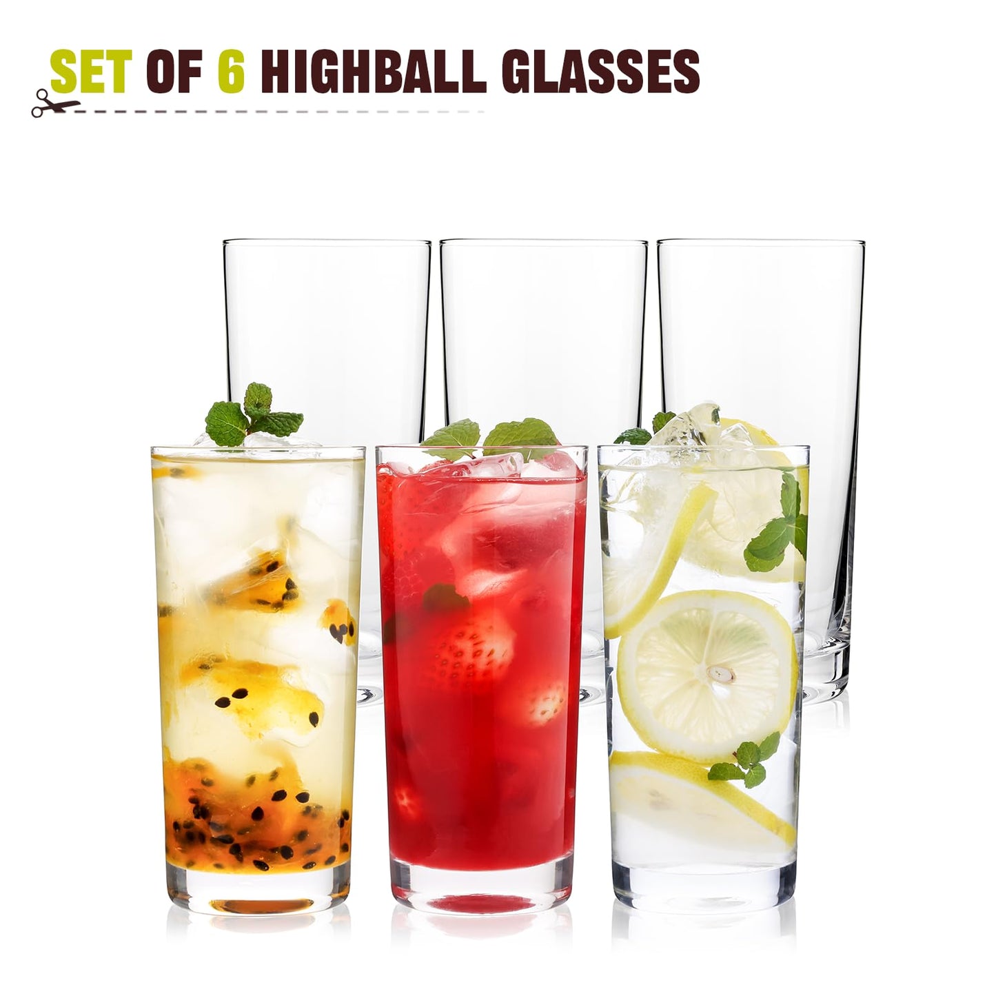 OUWO Highball Glasses Set of 6, 16oz Tall Drinking Glasses, Water Glass for Kitchen, Tom Collins Glasses, Mojito Glass Cups, Cocktail Glasses for Bar Glassware