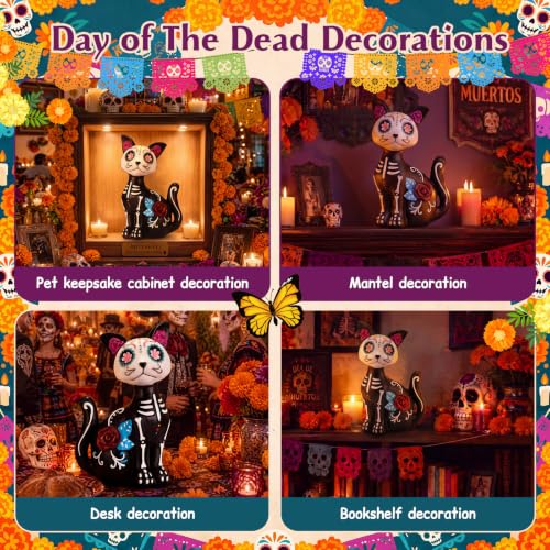 Large Día de Los Muertos Skeleton Cat Statue Halloween Garden Decor