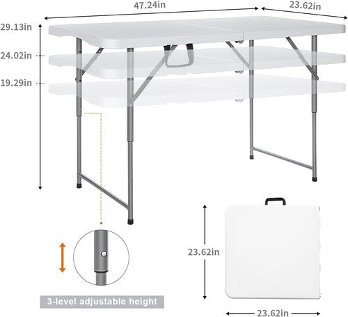 Lakhow Folding Table - 4 Foot Heavy Duty Plastic Utility Table | Portable Adjustable Height for Indoor/Outdoor Use - White