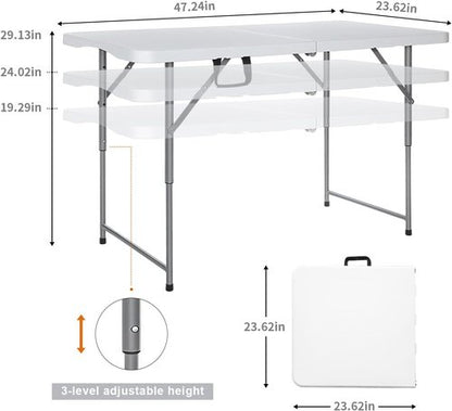 Lakhow Folding Table - 4 Foot Heavy Duty Plastic Utility Table | Portable Adjustable Height for Indoor/Outdoor Use - White