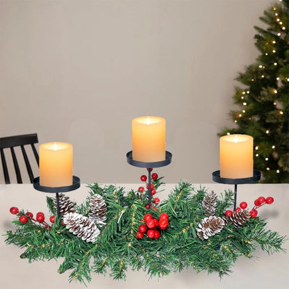 Regine Switzerland Christmas Table Centerpiece - 3 Candle Holders with Red Berries & Pine Cones | Holiday Home Decor