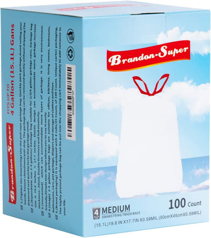 Thickened 4 Gallon Drawstring Trash Bags by [Brand Name] - Durable & Stretchy for Kitchen, Office, Bathroom | 100 Count