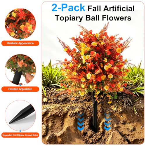 Fall Topiary Ball Flowers with Spike - Artificial Outdoor Plant, 24 Inch, 2 Pack