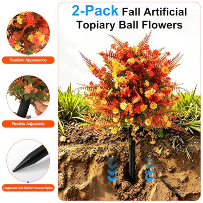 Fall Topiary Ball Flowers with Spike - Artificial Outdoor Plant, 24 Inch, 2 Pack