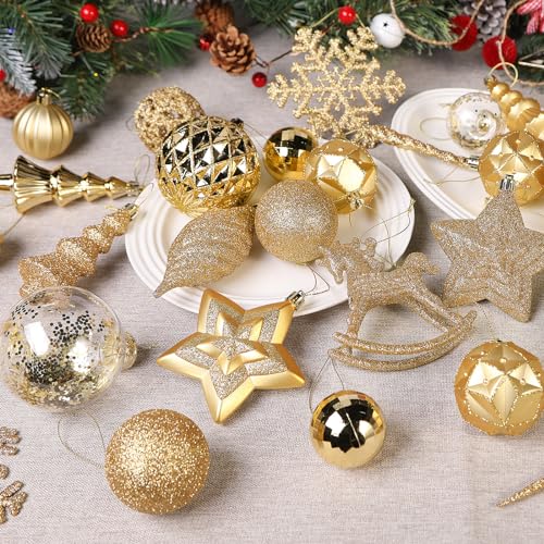 100Pcs Shatterproof Gold Christmas Tree Ornaments Set – Ball, Star, Snowflake & More