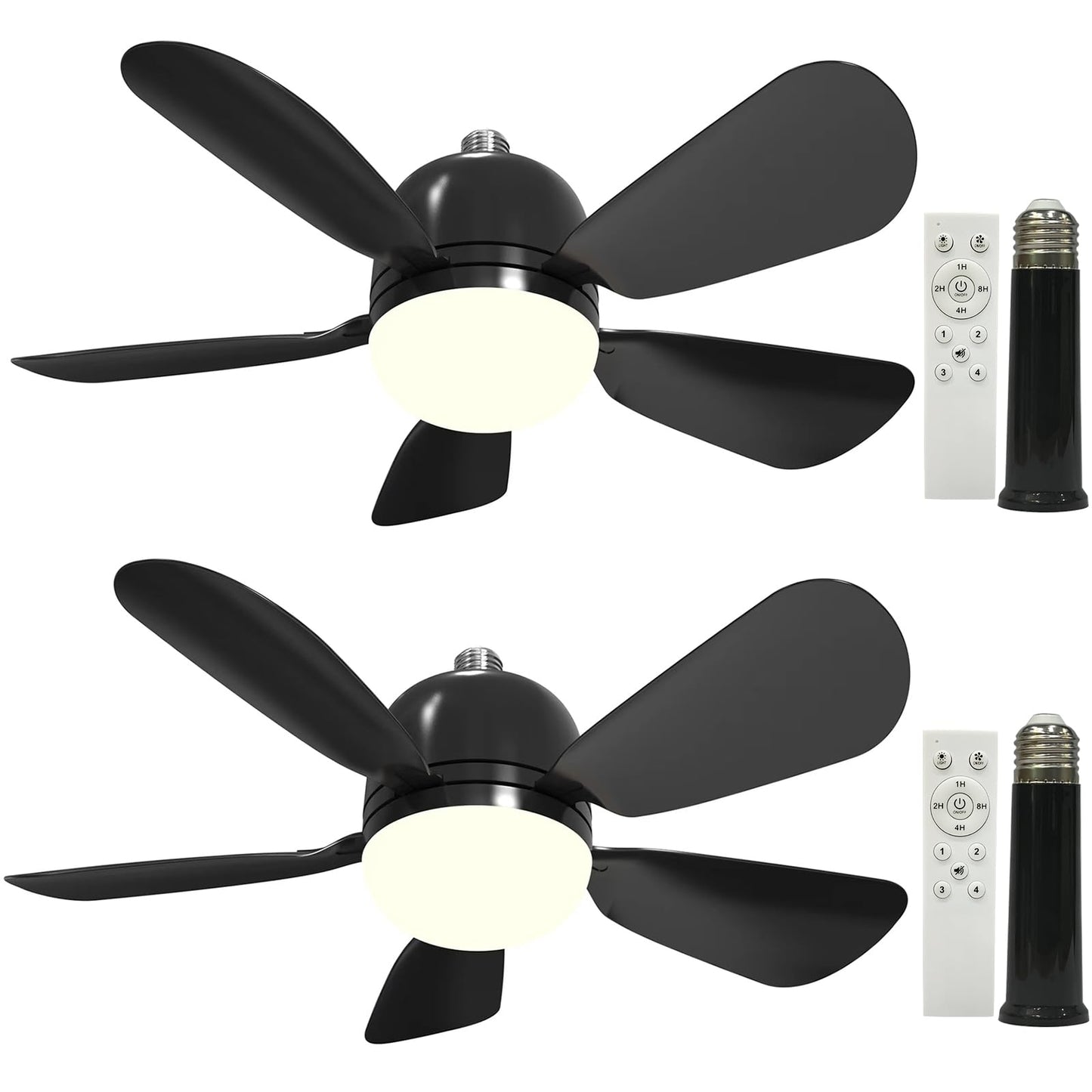 Socket Fans with Remote, E26 Screw in Ceiling Fans with Dimmable Lights, Adjustable Powerful Airflow Quiet Ceiling Fan Light Kit Bulb for Bedroom, Living Room, Kitchen, Garage (Black 2Pack)