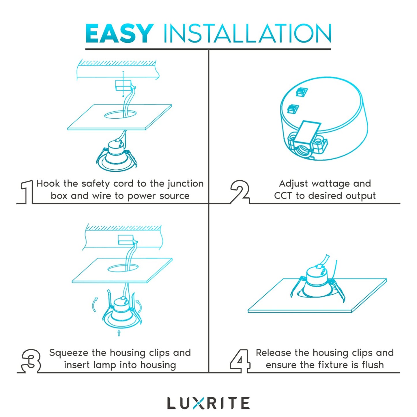 LUXRITE 8 Inch Commercial LED Recessed Lighting with J-Box, 16/21/27W, 3 Color Selectable 3000K-5000K, 1600/2100/2700 Lumens, 0-10V Dimmable, 120-277V, Canless LED Downlight, IC Rated, Wet Rated