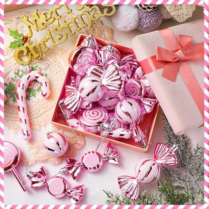 Liliful Pink White Candy Cane Ornaments Set - 30 Pcs Christmas Plastic Decorations (Variation: Pink White)
