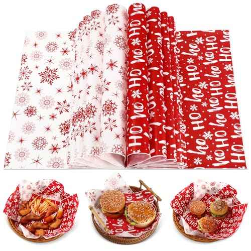 Fumete 80 Pcs Christmas Wax Paper Sheets for Food Snowflake Hoho Wax Paper Wrapping Bulk Deli Parchment Baking Paper Sandwich Candy Cookies Waterproof Wrappers Oilproof Basket Liners