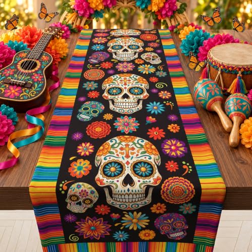 Dia De Los Muertos Decorations - Sugar Skull Day of the Dead Table Runner - Vibrant Mexican Celebration