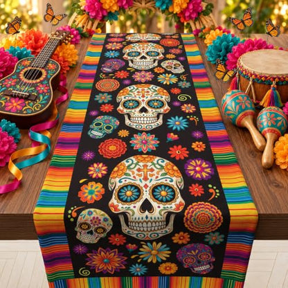Dia De Los Muertos Decorations - Sugar Skull Day of the Dead Table Runner - Vibrant Mexican Celebration