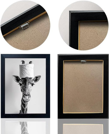 Giraffe Bathroom Wall Art | Funny Black and White Decor with Toilet Paper Roll | Framed Canvas Print