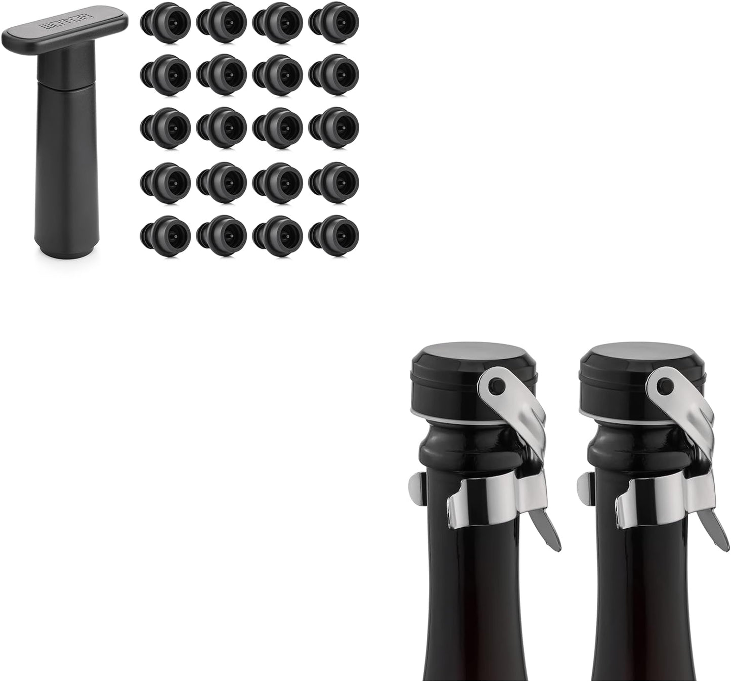 WOTOR Champagne&Wine Bottle Stoppers Stainless Steel with Food Grade Silicone, Leak Proof Keep Fresh Reusable Saver, Cork Suitable for Wine, Champagne, Cava, Prosecco and Sparkling (2 Pack Silver）