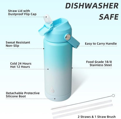 BJPKPK Insulated Water Bottle with Straw Lid, 18oz Thermo Water Bottles with Soft Nozzle, Flex Handle & Non-slip Boot, BPA Free Leak Proof Stainless Steel Metal Thermo, Tumblers, Cups,Sea Salt