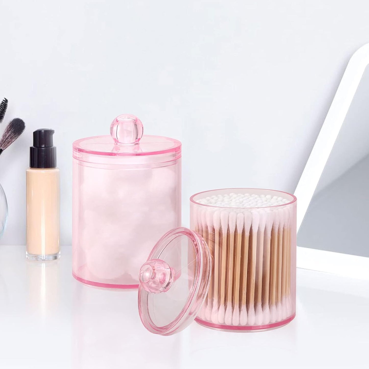 Tbestmax Qtip Holder - Stylish Pink Bathroom Canisters for Cotton Ball & Swab Storage | 10-Ounce 2-Pack
