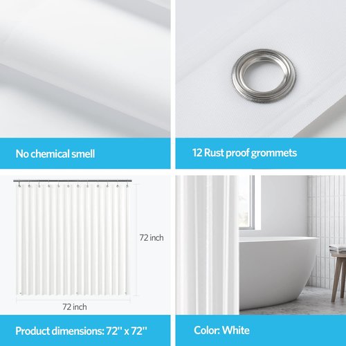 EHZNZIE Shower Curtain Liner Light Weight PEVA, Shower Liner 72x72 Inches, Waterproof, No Chemical Smell with 12 Rust Proof Metal Grommets for Bathroom Shower Curtain, White