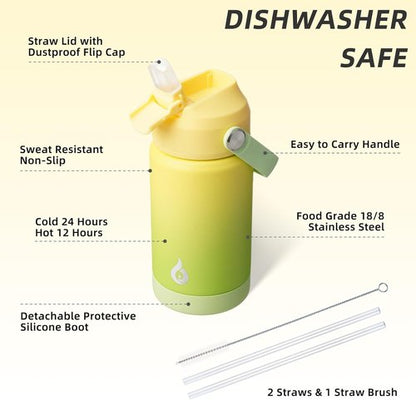 BJPKPK Insulated Water Bottle - 12oz Thermo Bottle with Straw Lid, Flex Handle & Non-Slip Boot, BPA Free, Fresh Green