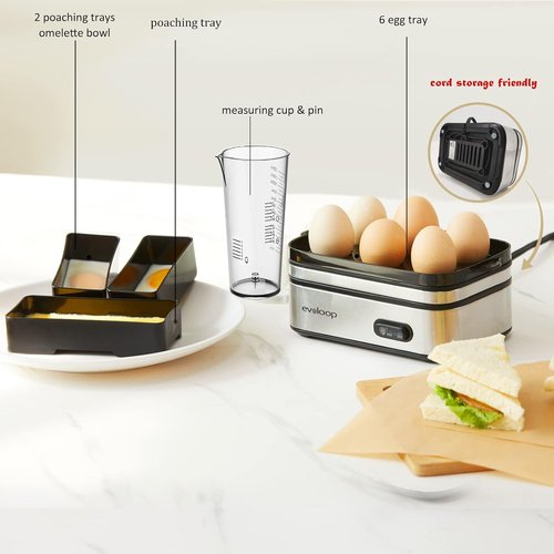 Evoloop Rapid Egg Cooker - Electric 6-Egg Capacity with 1.7L Electric Kettle | Perfect Breakfast Solution