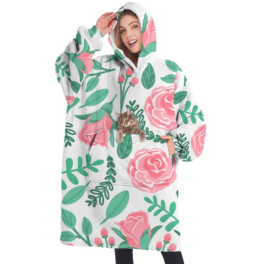 Touchbetter Hand Drawn Roses Wearable Oversized Blanket, Sherpa Blanket Hoodie with Super Pockets, Super Warm Fuzzy Pullover for Women & Men