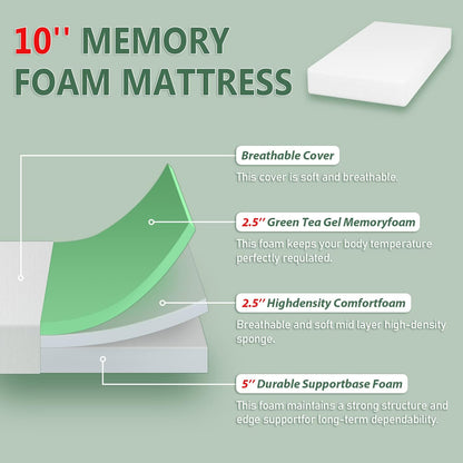 PayLessHere Twin Mattress - Green Tea Memory Foam, CertiPUR-US Certified, Medium-Firm, Removable Cover, Fiberglass Free
