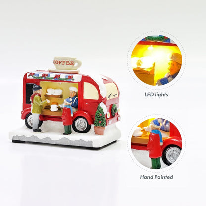 Moments In Time Christmas Coffee Truck Village Scene - Lighted LED Holiday Decor, Hand-Painted Polyresin