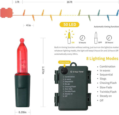 WATERGLIDE 50 LED Outdoor Christmas Lights - 16FT Battery Operated Mini String Lights | Waterproof Red & Green with 8 Modes & Timer for Holiday Decor