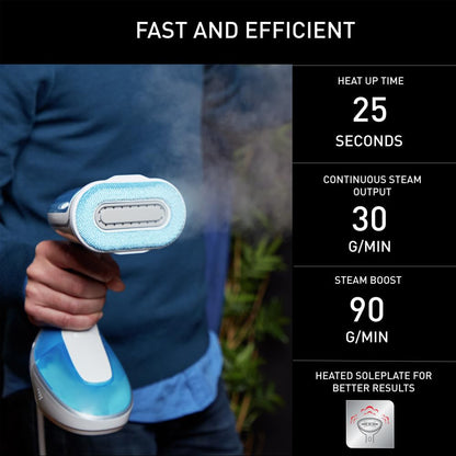 Rowenta, Steamer for Clothes, Pure Tex 4-in-1 Steamer, 1700W, XL 6.8 Ounce Water Tank, 25 Second Heat Up, Powerful Steam, Reversible Pad System, Light Blue, DR9530