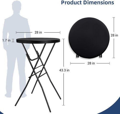 Byliable Folding Cocktail Table - 28in Round High Top for Indoor/Outdoor Use | Removable Legs, Black - 2PCS