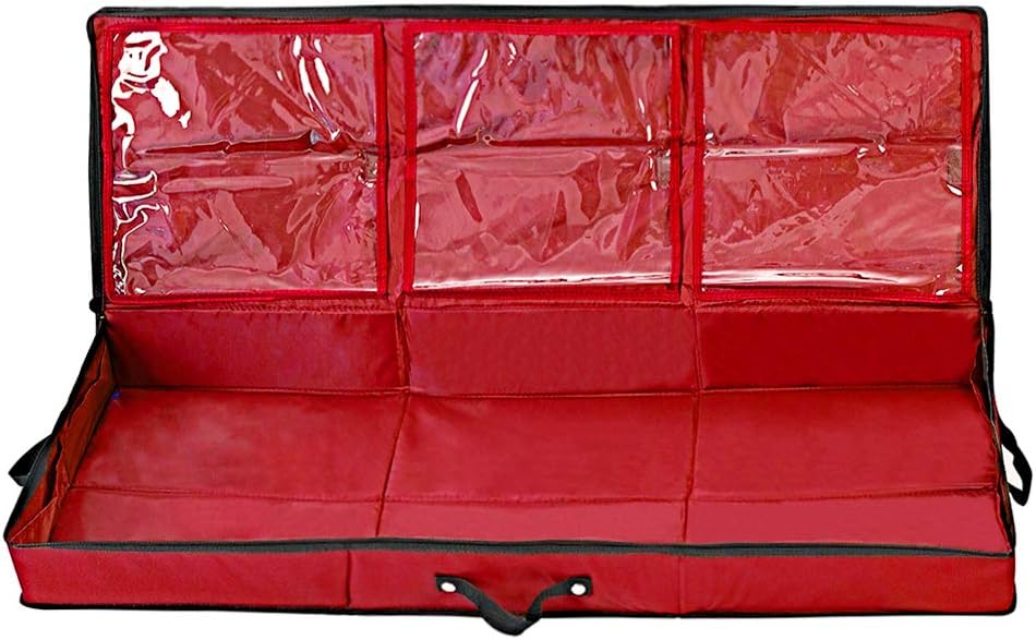 Primode Wrapping Paper Storage Container - Gift Wrap Organizer Under Bed | 41”x14”x6” | Holds 18-24 Rolls Up to 40” | Durable 600D Oxford | Includes Pockets for Ribbons and Bows (Red)