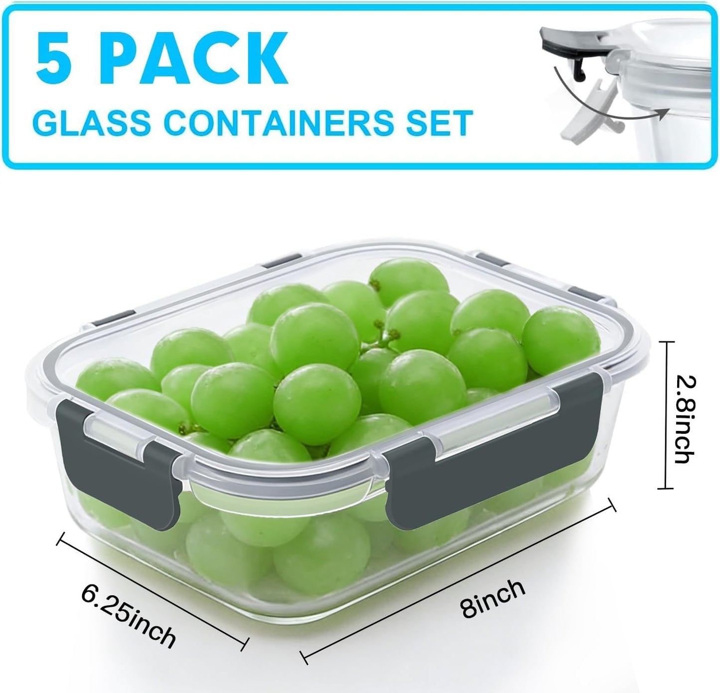 VERONES Glass Meal Prep Containers - 5 Pack Airtight 36 OZ Lunch Storage Set | BPA-Free, Microwave & Oven Safe, Grey
