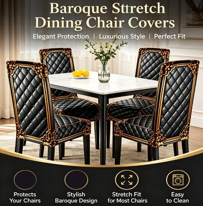 6 Pack Gold Baroque Stretch Dining Chair Covers - Elegant, Washable Furniture Protectors
