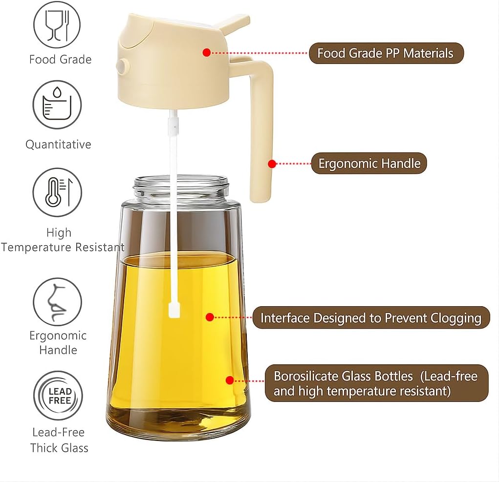 Skiennix 2-in-1 Olive Oil Sprayer & Dispenser - 470ml Glass Bottle for Cooking, BBQ & Salad (White)
